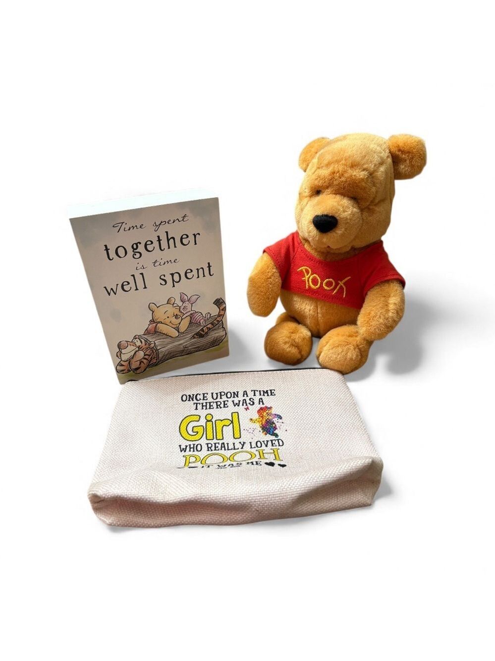 Adorable Pooh Bear Plush Toy with Red Shirt, Bag and Sign